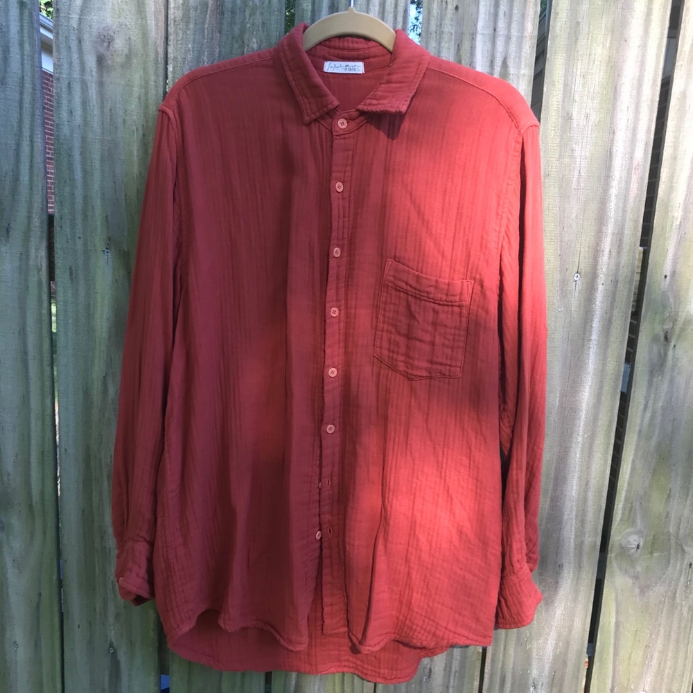 Free People oversize cozy button down, orange-red